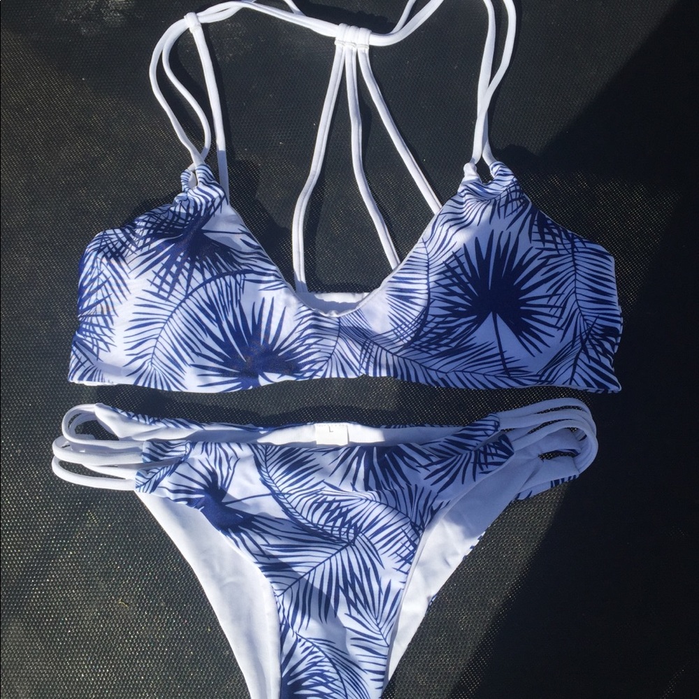 White with blue palm leaf cheeky bikini. NWOT